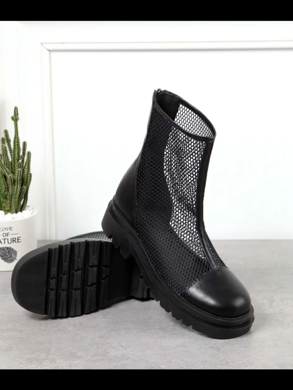 Black Mesh Zip-Up Ankle Bootie with Chunky Sole